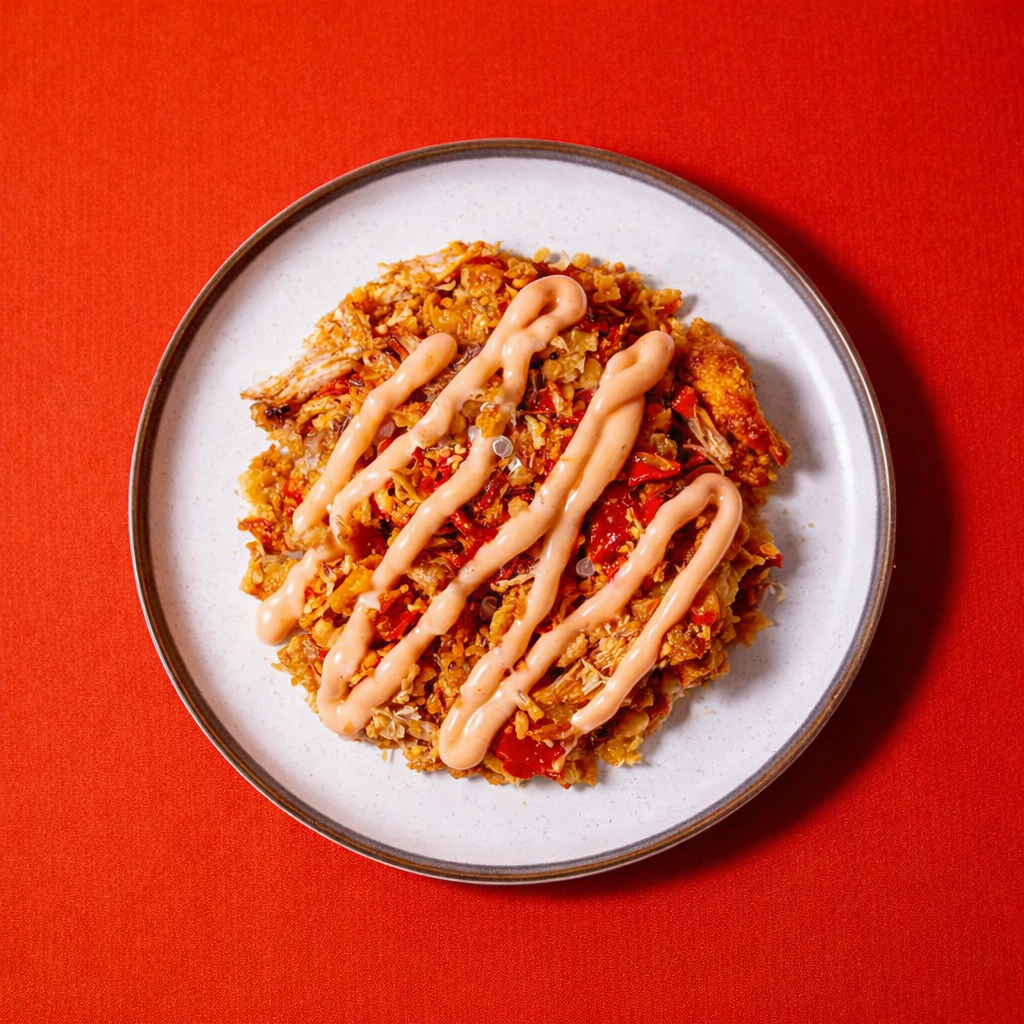 Ayam geprek original digeprek dengan tambahan dressing saus mayonnaise pedas diatasnya (lv 0-7)
