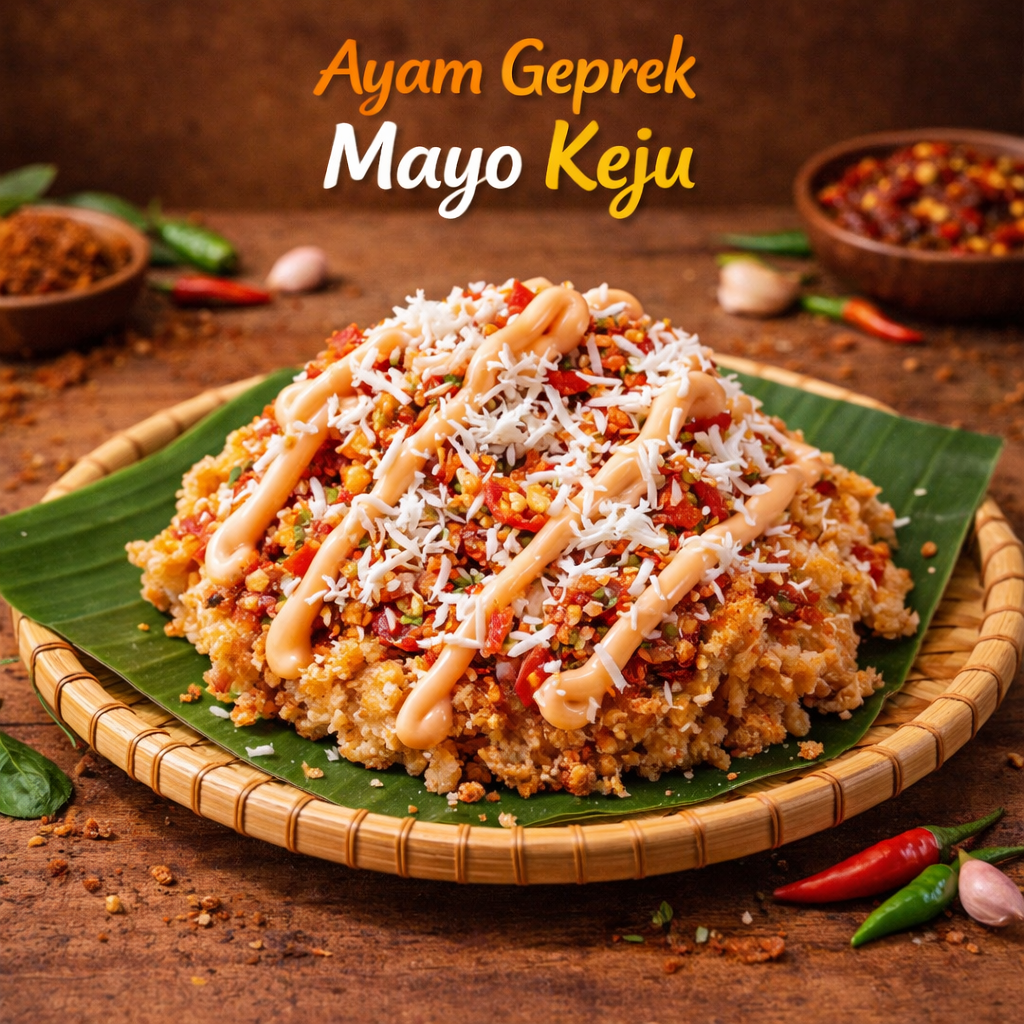 Ayam geprek original digeprek dengan tambahan dressing saus mayonnaise dan keju parut diatasnya (lv 0-7)