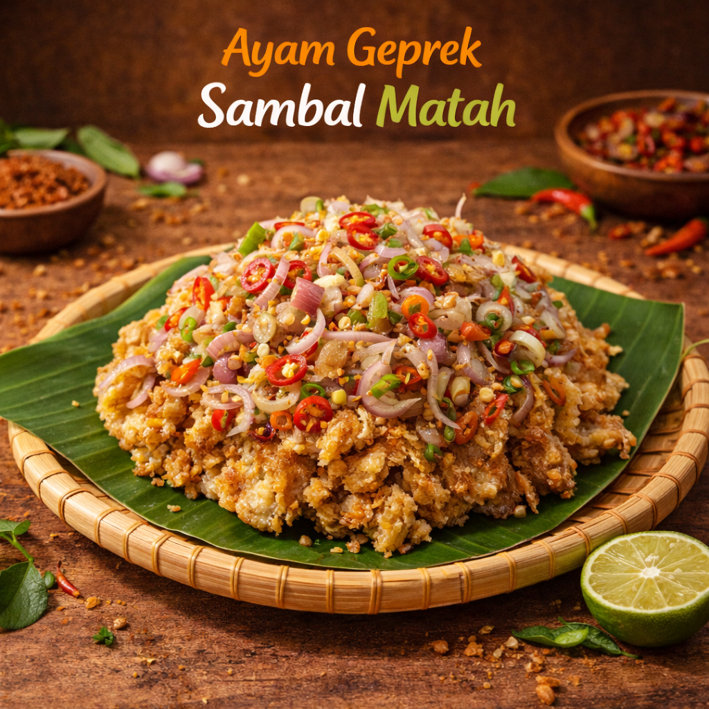 ayam geprek original digeprek dengan tambahan sambal matah khas Bali (lv 0-7)