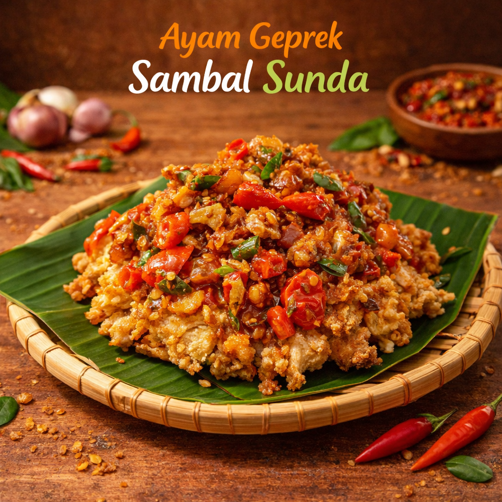 ayam geprek original digeprek dengan tambahan sambal mentah khas sunda yang memakai terasi dan tomat segar (lv 0-7)
