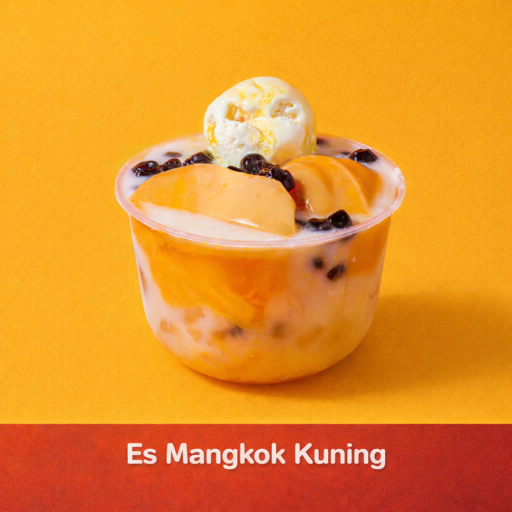 Puding Sutra Mangga, bobba, dan es krim Vanilla dalam kuah santan