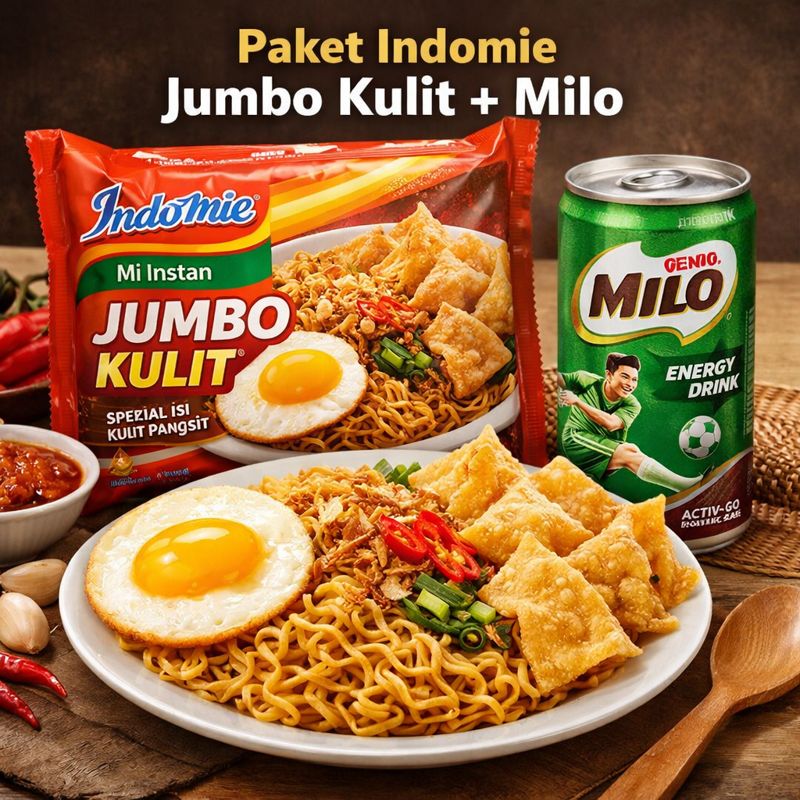 Tumpuk kebahagiaan kamu pake indomie goreng jumbo + kulit crispy agj ! free milo