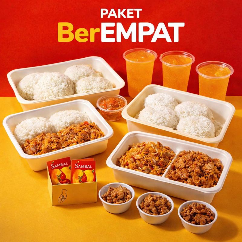 4 nasi + 4 ayam geprek Original sayap / paha bawah (Lv 1-7) + 2 Kulit Ori + 2 Kulit bumbu + 4 Orange Punch