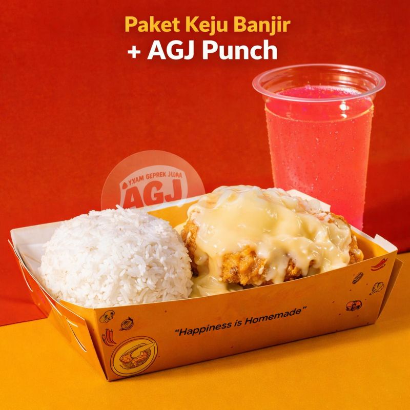Nasi + Ayam Original (tidak digeprek) + banjir saus keju lumer + orange / fruit punch