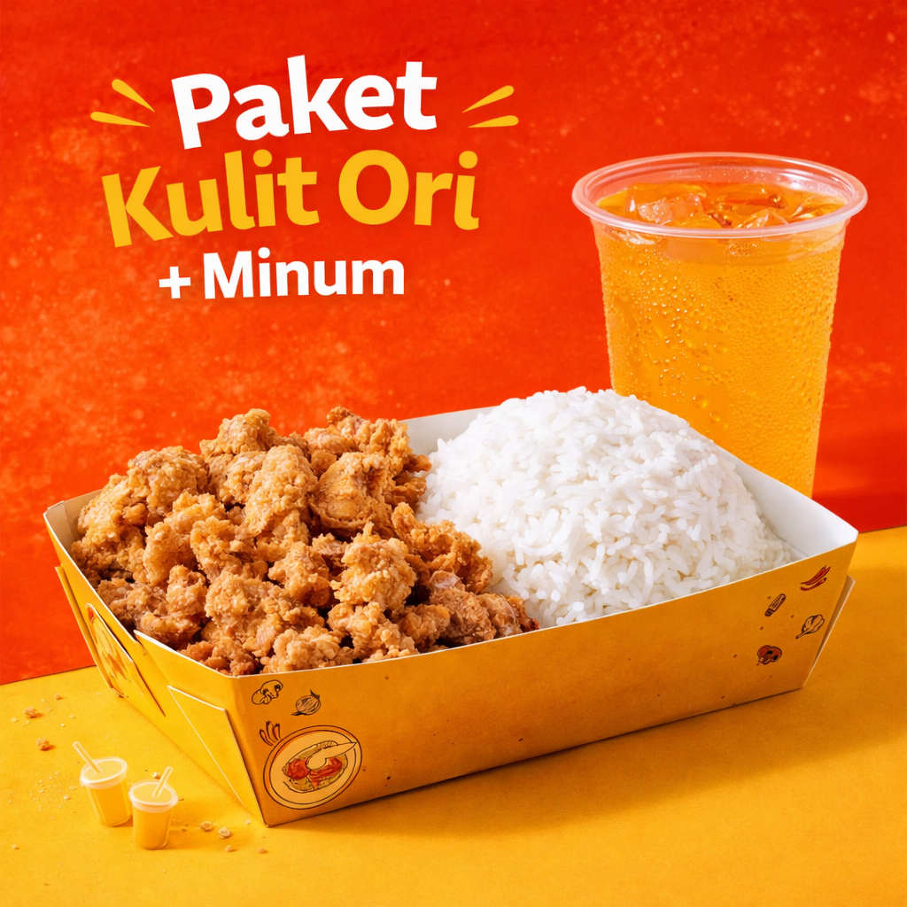 Nasi + ayam geprek Original sayap / paha bawah (Lv 1-7) + Kulit Crispy Ori + AGJ Orange Punch