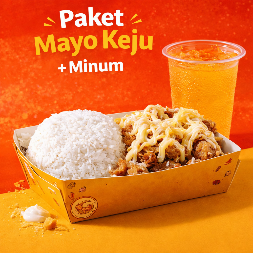 nasi + ayam geprek Original dengan saus mayo dan taburan keju (Lv 1-7) + AGJ Orange Punch
